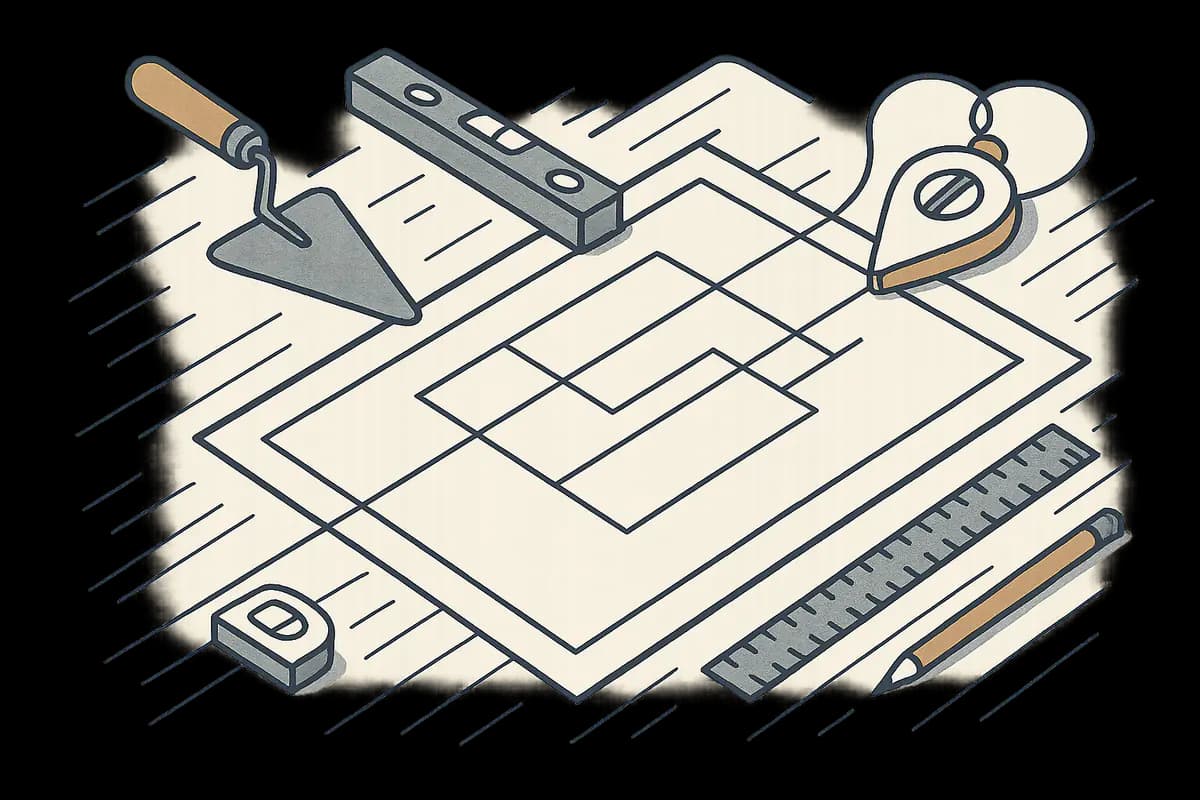 Atelier d'artisan avec outils étalés sur un plan